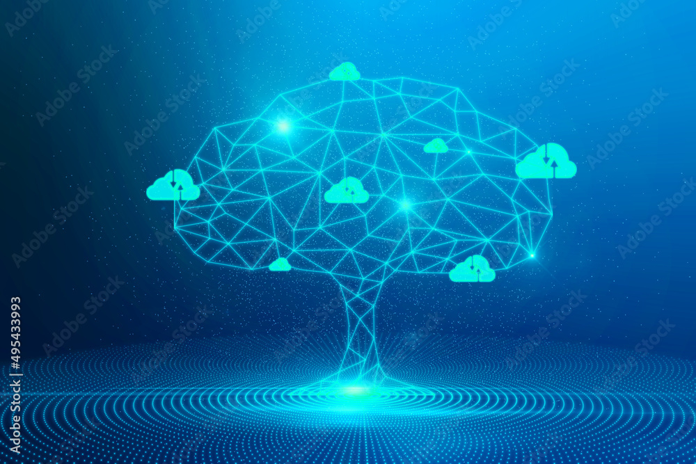 Poster Abstract digital polygonal cloud tree on blue background. Computer, data and security concept. 3D Rendering.