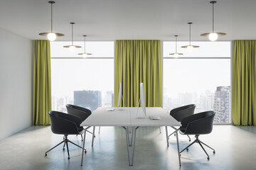 Modern concrete office interior with furniture, equipment, window with city view and daylight. 3D Rendering.