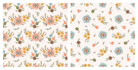 Set of two Floral Patterns. Bouquet of Daisies Seamless Pattern. Vintage Outline Flowers. Ditsy print. Vector illustration