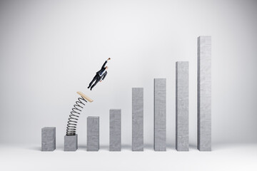 Concept of business boost and growth. Superhero businessman flying off of springboard to business...