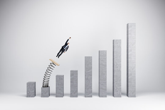 Concept of business boost and growth. Superhero businessman flying off of springboard to business chart top.