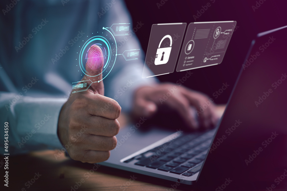 Poster businessman fingerprint scanning and biometric authentication, cybersecurity and fingerprint password, future technology and cybernetics. cybersecurity and data protection.