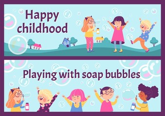 Fototapeta na wymiar Cute group of children playing with soap bubbles, vertical banner template - flat vector illustration.