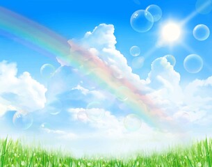 光り輝く太陽と入道雲のある虹のかかった青空にシャボン玉の飛ぶ新緑の美しい若葉の初夏フレーム背景素材
