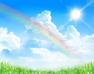Fototapeta na wymiar 光り輝く太陽と入道雲のある虹のかかった青空に新緑の美しい若葉の初夏フレーム背景素材 