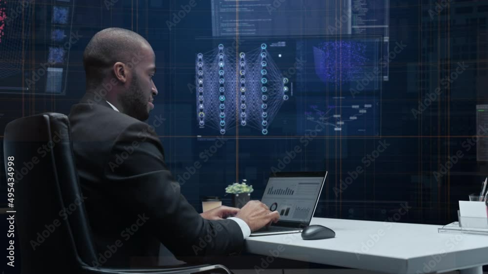 Leinwandbilder Office Manager with Animated Virtual Background: Businessman Sitting at a Desk Working on a Laptop Computer. Man Working with Big Data Finance Analysis. 360 Degree Tracking Shot. Camera Moving Around.