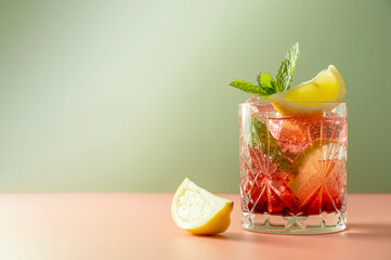 Iced fruit tea or cold berry drink in glass with fresh mint leaves. Refreshing summer drink. Colorful pink and green background.