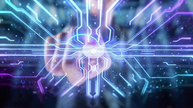 Industry 4.0 Concept: Human Finger Pushes Touch Screen Button and Activates Futuristic Artificial Intelligence Interface. Visualization of Digitalization, Internet Technology, Online Connectivity.