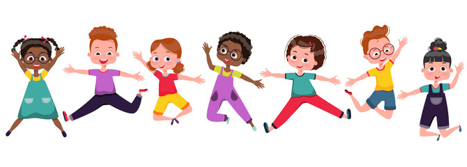 Vector illustration of kids playing, happy cute kids boy and girl jumping