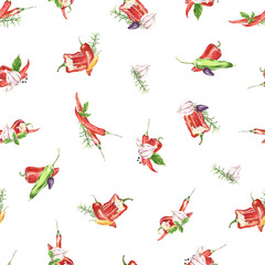 watercolor pattern pepper and aromatic herbs 