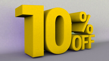 3D illustration with text: 10 % Off. Discount for big sales. Yellow text color on a gray background.