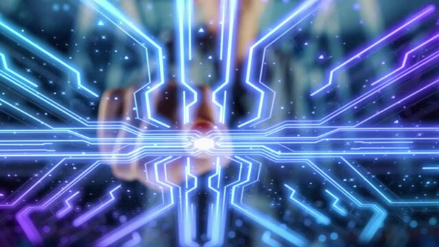 Digitalization Concept: Human Finger Pushes Touch Screen Button and Activates Futuristic Artificial Intelligence Interface. Visualization of Machine Learning, Computer Technology Merge with Humanity.