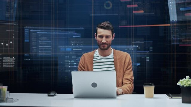 Office Manager with Animated Virtual Background: Businessman Sitting at a Desk Working on a Laptop Computer. Man Working with Big Data Finance Analysis. 360 Degree Tracking Shot. Camera Moving Around.