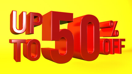 3D Illustration with text: 50 % off. A offer for big sales. Red text color on a yellow background.