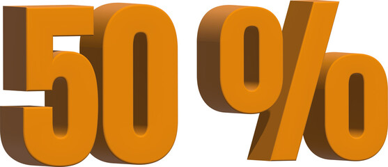 3D Illustration with text: 50 % off. A offer for big sales. Orange text color on a white background.