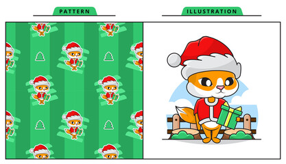 Illustration Vector Graphic of Cute Cat Wearing Santa Claus Costume with Decorative Seamless Pattern