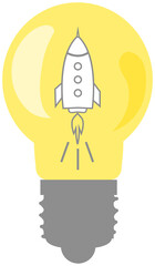 Rocket ship in flat style. Space travel, rocket launch. Project start up and development process. Innovation product, creative idea. Spaceship in light bulb. Business idea planning for success