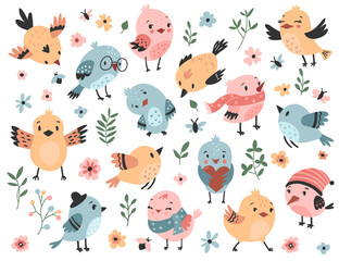 Cute bird set. Hand drawn vector illustration.