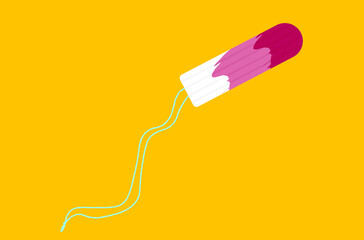 bloody tampon with a blue thread on a yellow background 