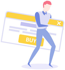 Man holding website page template for online shopping. Buy button, making purchase via Internet. Guy holds webpage window with buy button. Online payment for goods, virtual shopping concept