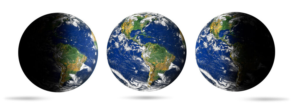 An image of our planet Earth on white with clipping path. Part of the land is in shadow. Day and night on earth.