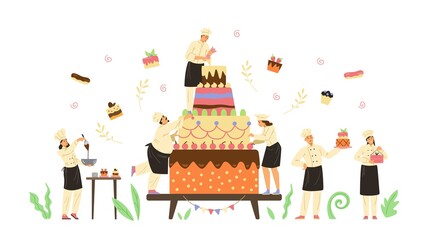 Banner with confectioners characters and cake flat vector illustration isolated.