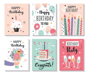 Happy birthday greeting card and party invitation templates. Hand drawn vector illustration.