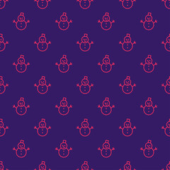 Purple seamless pattern with pink outline snowman.