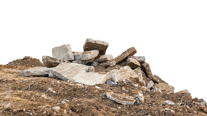 Low View Isolate Debris of large concrete blocks are piled up on the mounds.