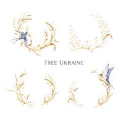 Watercolor wreath with Ukrainian symbol - wheat and swallow
Pray for Ukraine