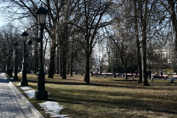 Panoramic view of the Alexander Garden. View of the garden lawn and the remains of snow. People...