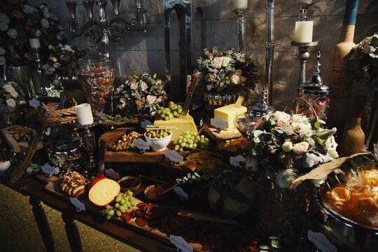 Cheese and pantry buffet on table
