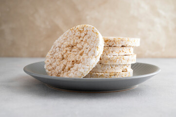 Pile of puffed rice cakes, dieticgalettes. Crunchy crispbread
