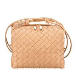 Gorgeous little handbag made of woven beige leather, isolated on a white background. Front view. Expensive women's accessories. - 495439333