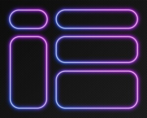 Neon gradient frames set, collection of pink-blue glowing rounded rectangle borders isolated on a dark background. Colorful night banners, bright illuminated shapes, retro style vector light effect.