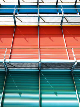 Exterior view of building with roller shutters