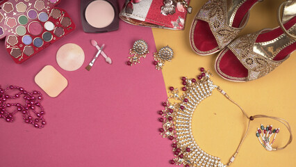 Bridal wedding jewelry and shoes, make up accessories on beautiful background. Top view, Space for text.