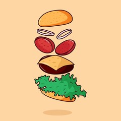 flying vector burger illustration.