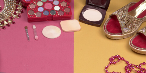 Bridal wedding jewelry and shoes, make up accessories on beautiful background. Top view, Space for text.