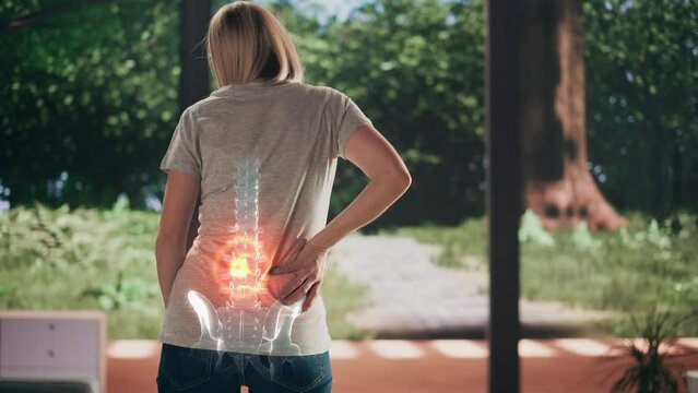 VFX Back Pain Augmented Reality Animation. Close Up of a Female Experiencing Discomfort in a Result of Spine Trauma or Arthritis. Massaging and Stretching the Back to Ease the Injury.