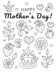 Happy Mother's day! Hand drawn coloring pages for kids and adults. Beautiful drawings with patterns and details. Spring coloring book pictures with blooming branches, flowers, smile, stickers, quotes