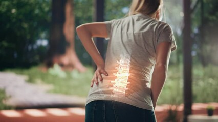 VFX Back Pain Augmented Reality Animation. Close Up of a Female Experiencing Discomfort in a Result of Spine Trauma or Arthritis. Massaging and Stretching the Back to Ease the Injury.