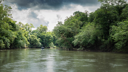 Beautiful landscape of Rio Sarapiqui, Puerto Viejo de Sarapiqui, Costa Rica. Tropical river surrounded by a lush forest.