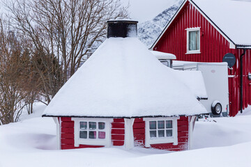 Vesteralen, Norway 02-26-2022. Sauna cabin under snow  at Sildpollnes. Vesteralen islands in Norway.