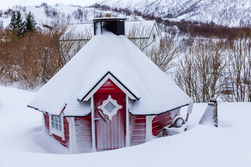 Vesteralen, Norway 02-26-2022. Sauna cabin under snow  at Sildpollnes. Vesteralen islands in Norway.
