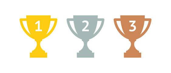 Cup icon. Winner award symbol, gold, silver and bronze. Competition prize for 1st, 2nd and 3rd place. Champion sports trophy. Isolated vector illustration on a white background.