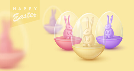 Banner with glossy colored eggs with glass dome and rabbit sitting inside on yellow background. Happy Easter poster. Vector illustration for card, party, design, flyer, banner, web, advertising.