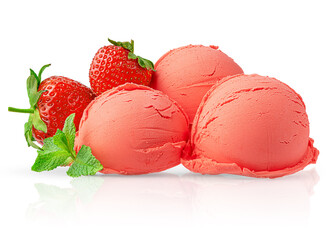 Three scoops of strawberry ice cream. Isolated with clipping path