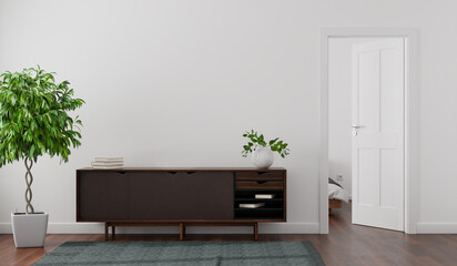Fototapeta na wymiar Apartment mockup with a white wall, sideboard, porcelain vase, books, fig tree and a carpet. Door to the bedroom open. Bed partly visible.