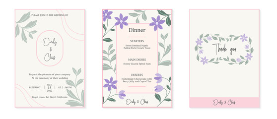 Fototapeta premium Set minimal wedding invitation card template design, botanical flowers and leaves vector, Floral poster, invite. Vector decorative greeting card, background eps10